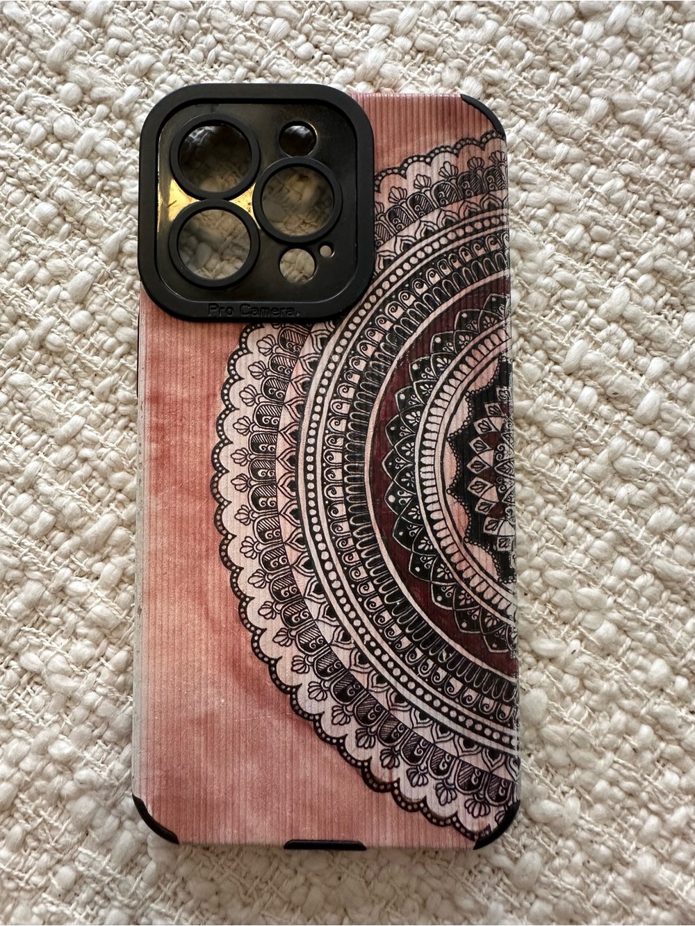 iPhone 13 Pro Pink Mandala Phone Case with Black Camera Frame